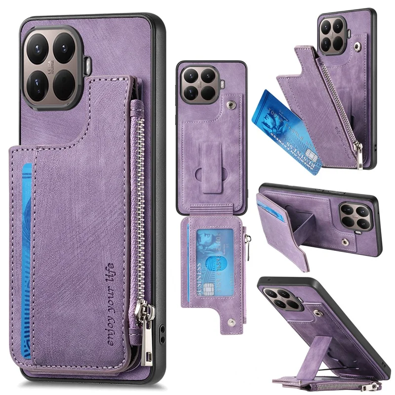Card Holder Kickstand Case For Xiaomi 15T Pro Leather + PC + TPU Phone Cover - Purple