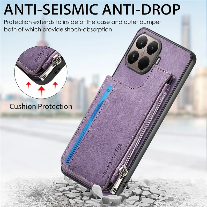 Card Holder Kickstand Case For Xiaomi 15T Pro Leather + PC + TPU Phone Cover - Purple