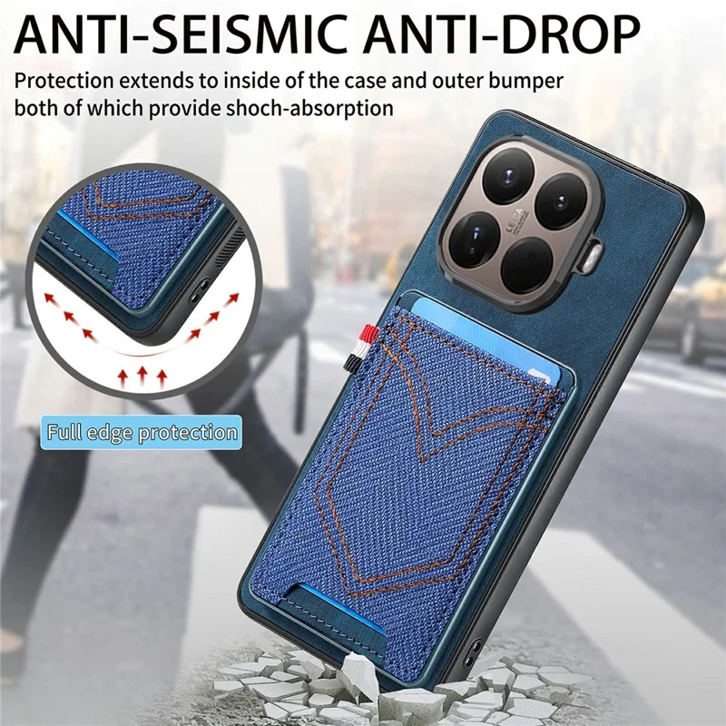 For Xiaomi 15T Pro Case Retro Jean Cloth Texture Leather Back Phone Cover with Card Holder - Black