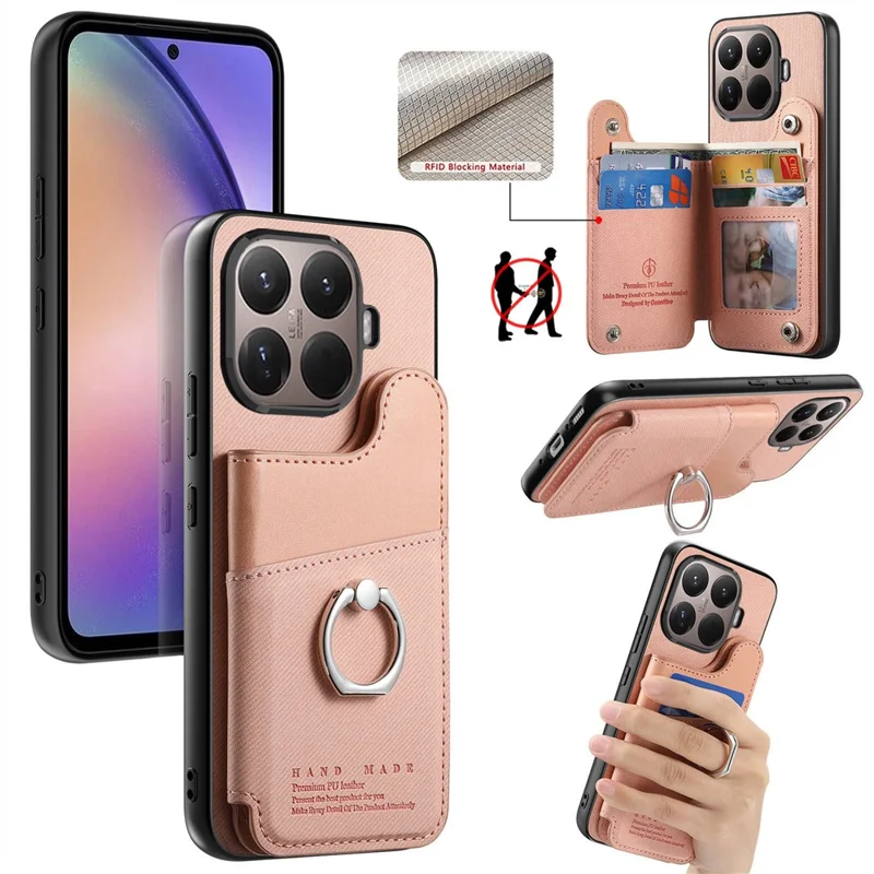 Custodia per Xiaomi 15T Pro con porta carte, supporto e rivestimento in pelle + TPU + PC - Rosa