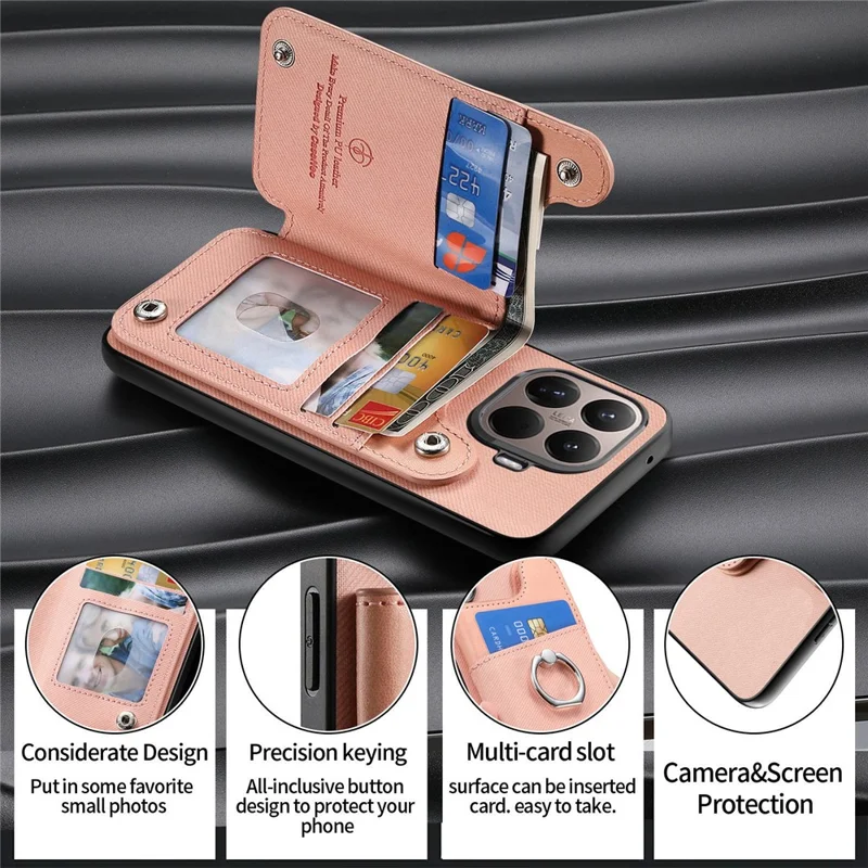 Custodia per Xiaomi 15T Pro con porta carte, supporto e rivestimento in pelle + TPU + PC - Rosa