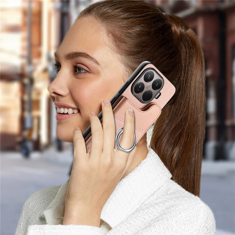 Custodia per Xiaomi 15T Pro con porta carte, supporto e rivestimento in pelle + TPU + PC - Rosa