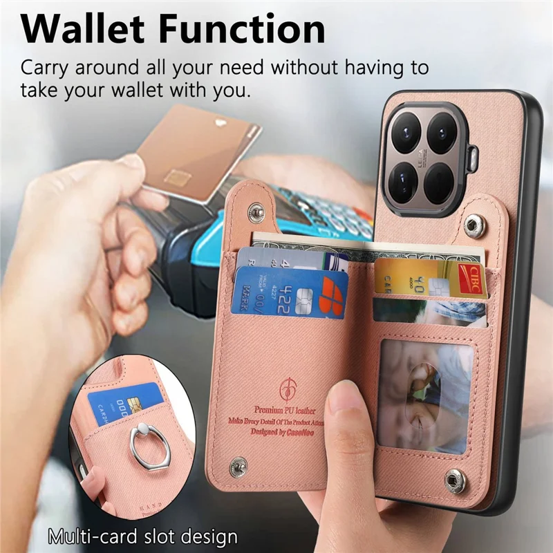 Custodia per Xiaomi 15T Pro con porta carte, supporto e rivestimento in pelle + TPU + PC - Rosa