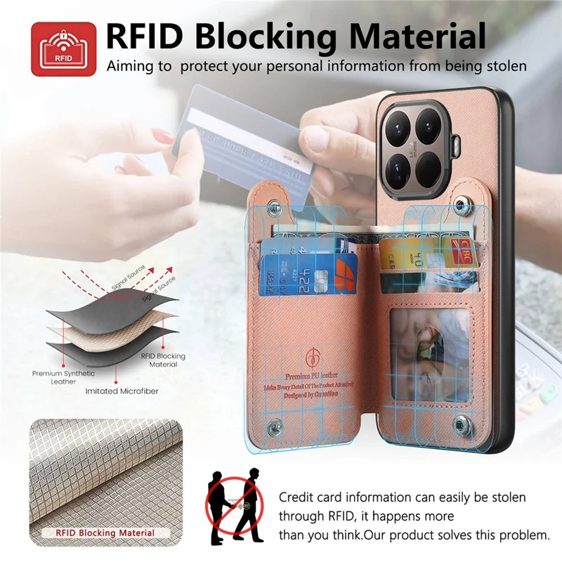 Custodia per Xiaomi 15T Pro con porta carte, supporto e rivestimento in pelle + TPU + PC - Rosa