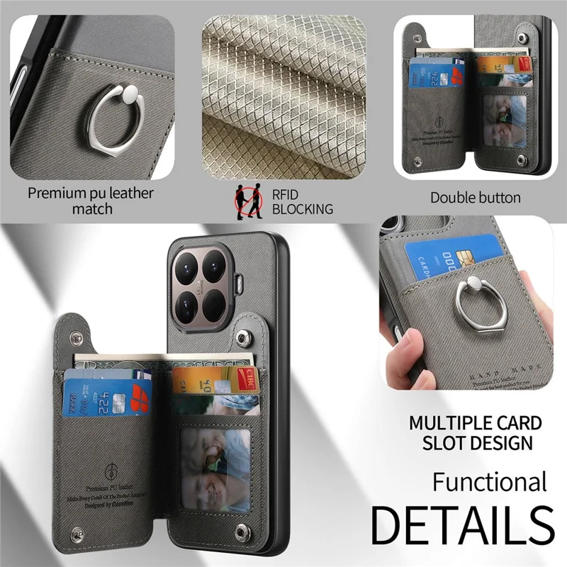 Xiaomi 15T Pro Hülle mit Kartenfach, Ständer, Leder + TPU + PC Handyhülle - Grau
