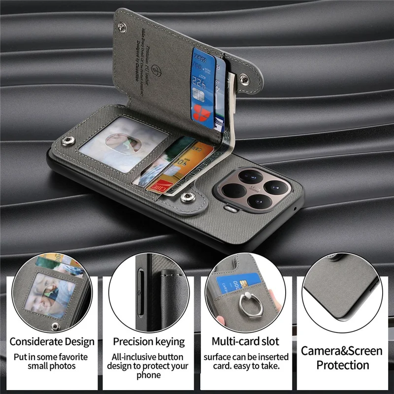 Xiaomi 15T Pro Hülle mit Kartenfach, Ständer, Leder + TPU + PC Handyhülle - Grau