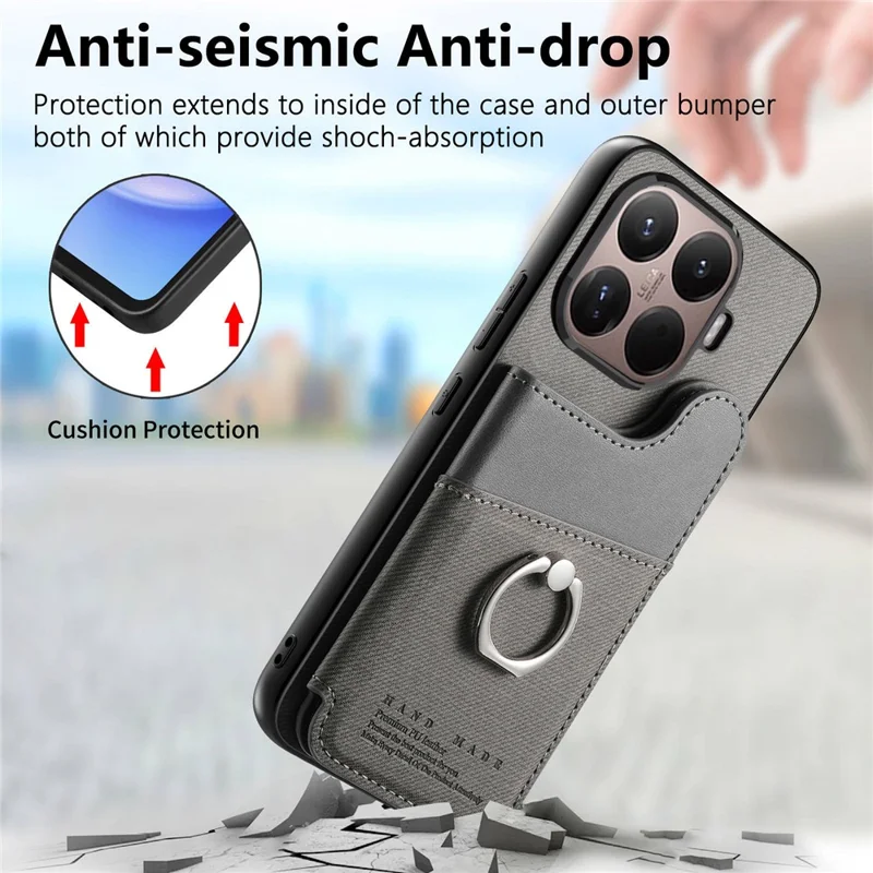 Xiaomi 15T Pro Hülle mit Kartenfach, Ständer, Leder + TPU + PC Handyhülle - Grau