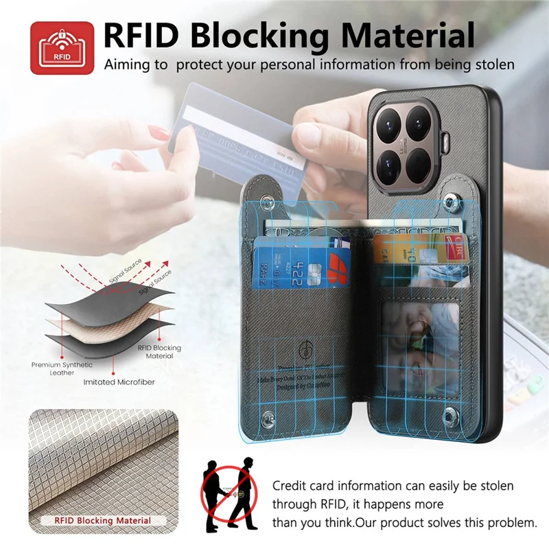 Xiaomi 15T Pro Hülle mit Kartenfach, Ständer, Leder + TPU + PC Handyhülle - Grau