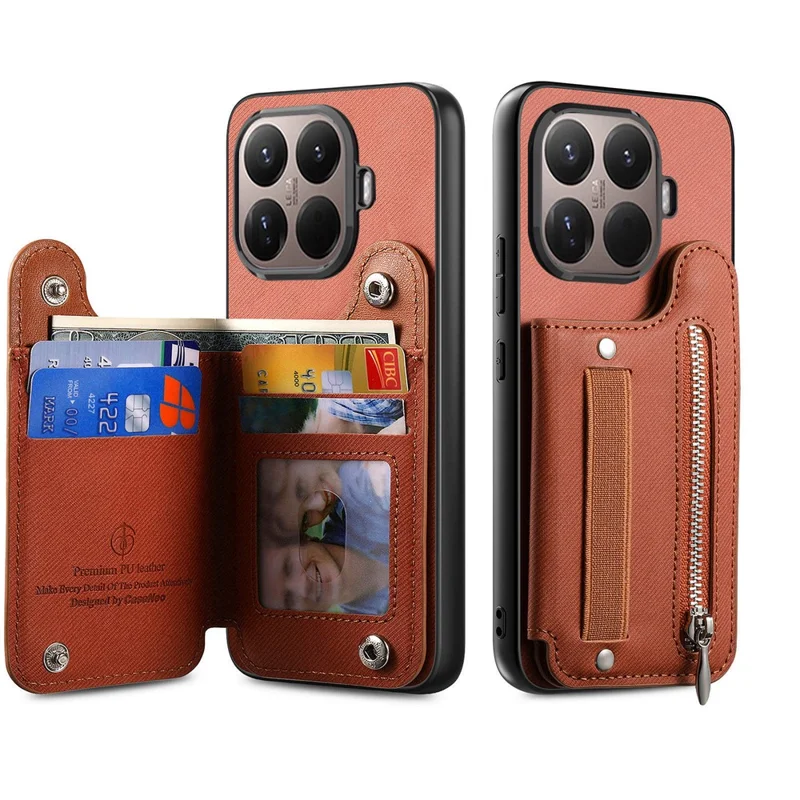 Futerał na Xiaomi 15T Pro z funkcją blokowania RFID, etui na kartę, tylna pokrywa z tkaniny dżinsowej i skóry PU z elastycznym opaską na nadgarstek - brązowy