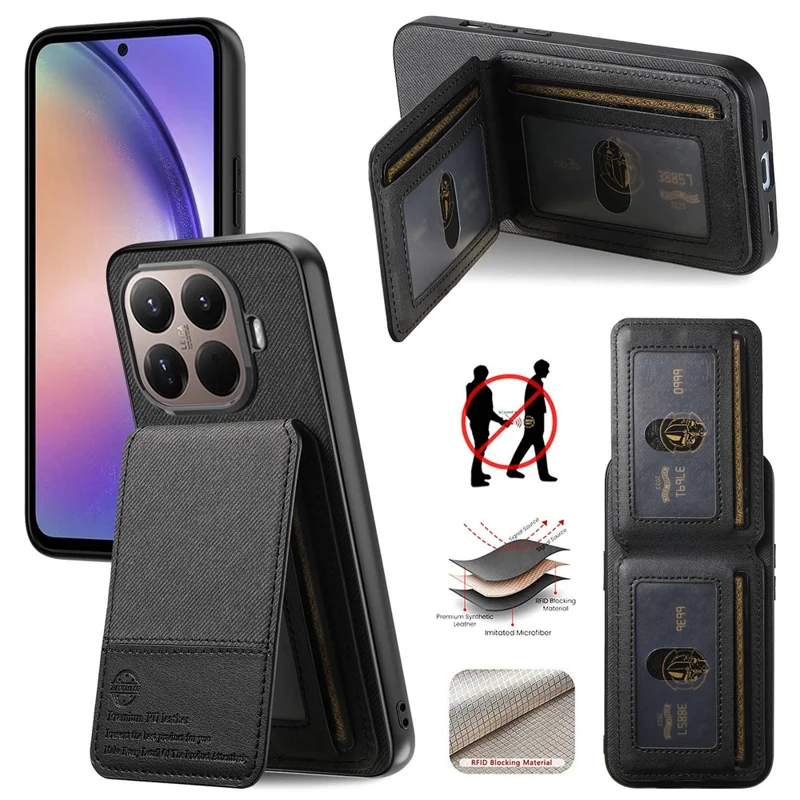 Xiaomi 15T Pro hoesje met doekstructuur, lederen afwerking + PC + TPU, met RFID-blokkering en kaarthouder - Zwart