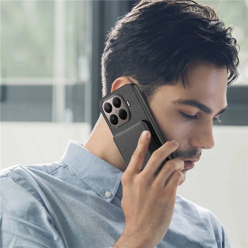 Xiaomi 15T Pro hoesje met doekstructuur, lederen afwerking + PC + TPU, met RFID-blokkering en kaarthouder - Zwart