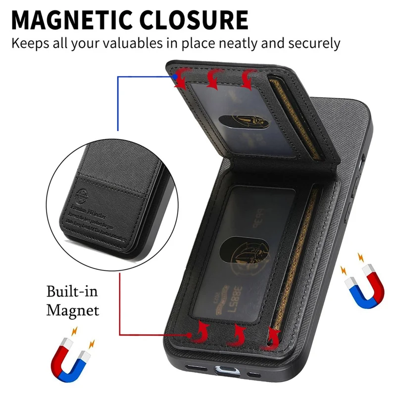 Xiaomi 15T Pro hoesje met doekstructuur, lederen afwerking + PC + TPU, met RFID-blokkering en kaarthouder - Zwart