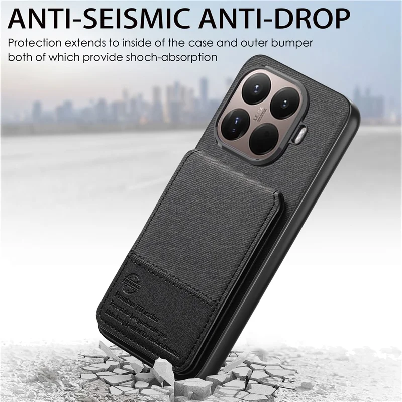 Xiaomi 15T Pro hoesje met doekstructuur Leder + PC + TPU RFID-blokkering telefoonhoesje met kaarthouder - Zwart