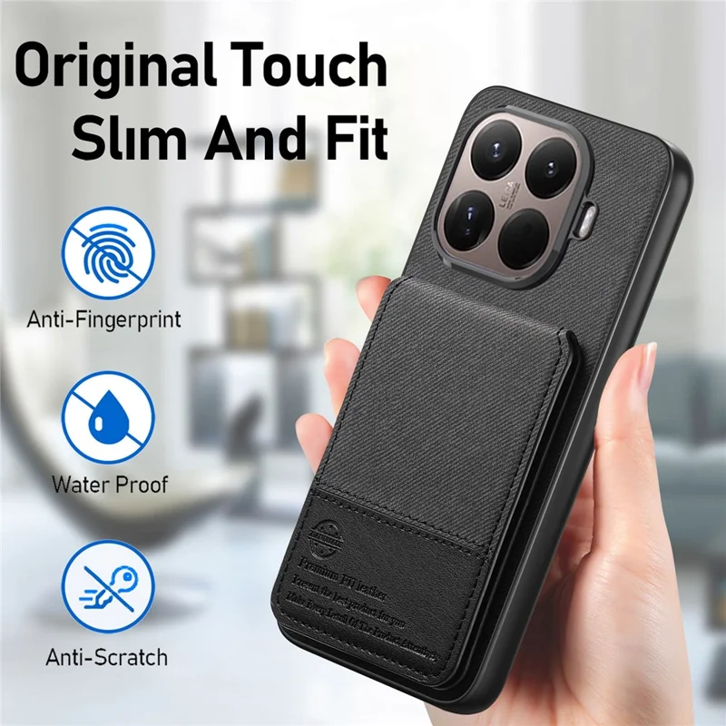 Xiaomi 15T Pro hoesje met doekstructuur Leder + PC + TPU RFID-blokkering telefoonhoesje met kaarthouder - Zwart