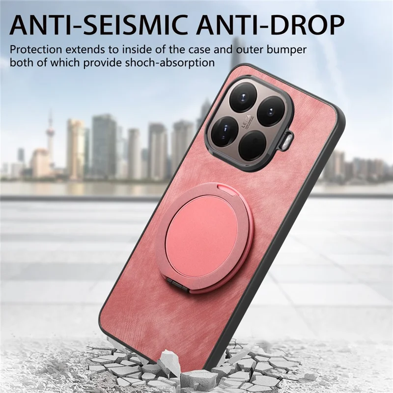 Stress Relief Retro Leather Back Cover for Xiaomi 15T Pro Phone Case with Rotating Kickstand - Pink