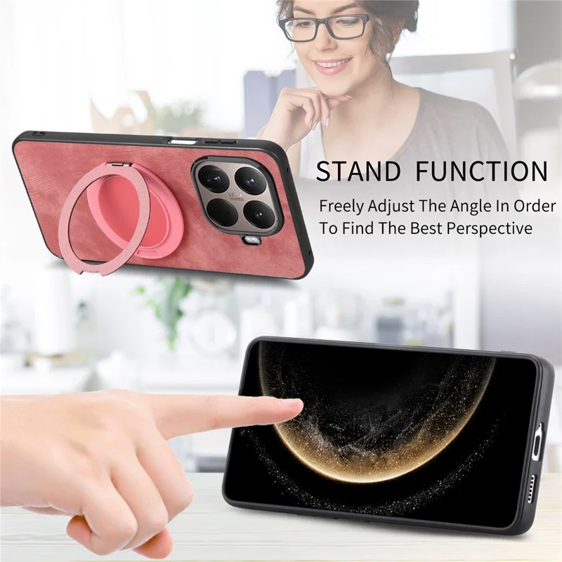 Stress Relief Retro Leather Back Cover for Xiaomi 15T Pro Phone Case with Rotating Kickstand - Pink