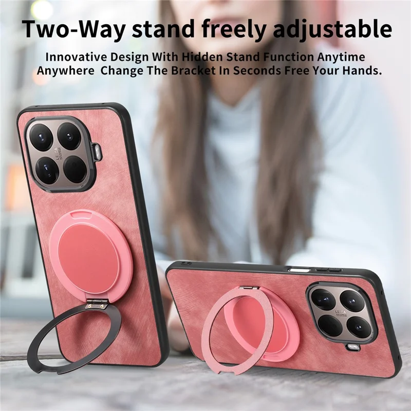 Stress Relief Retro Leather Back Cover for Xiaomi 15T Pro Phone Case with Rotating Kickstand - Pink