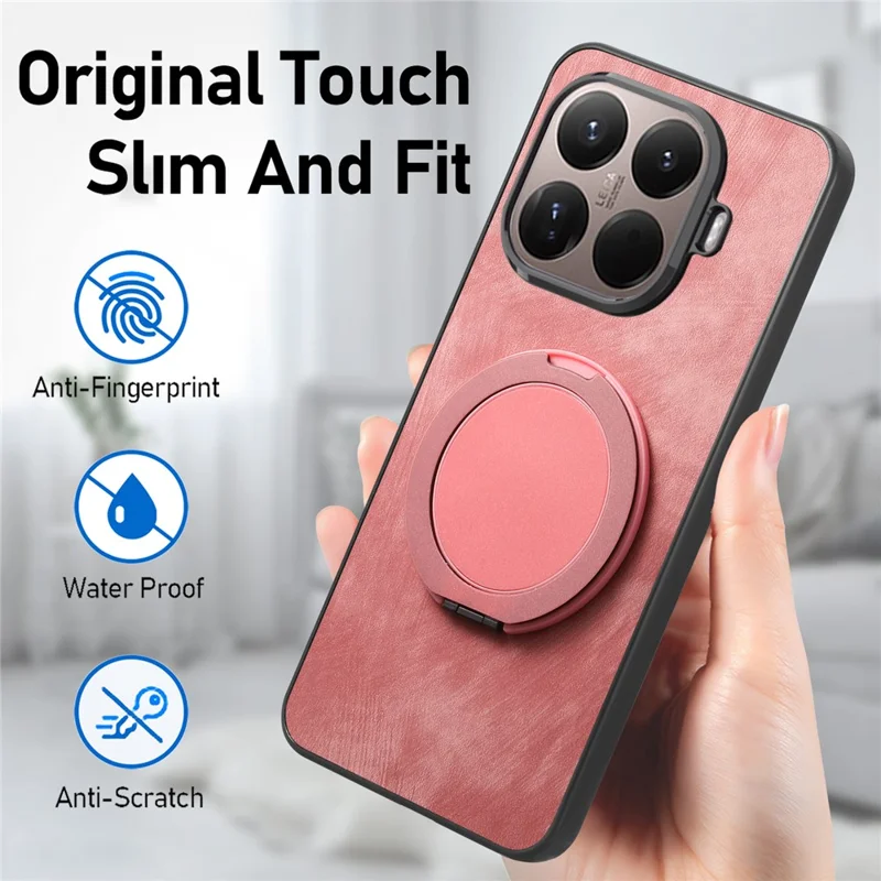 Stress Relief Retro Leather Back Cover for Xiaomi 15T Pro Phone Case with Rotating Kickstand - Pink