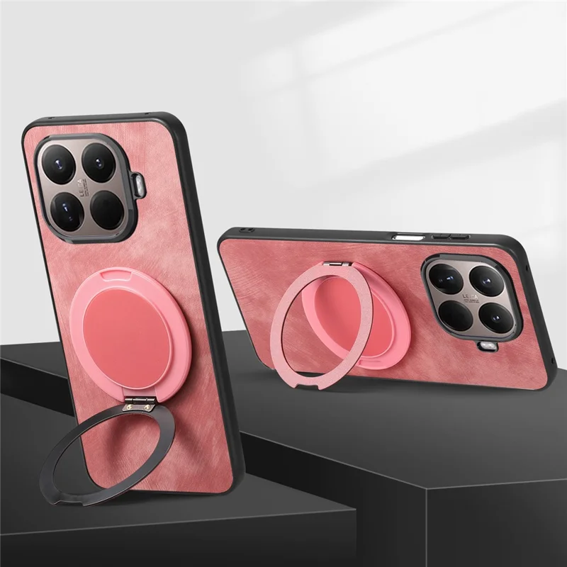 Stress Relief Retro Leather Back Cover for Xiaomi 15T Pro Phone Case with Rotating Kickstand - Pink