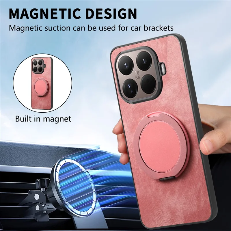 Stress Relief Retro Leather Back Cover for Xiaomi 15T Pro Phone Case with Rotating Kickstand - Pink