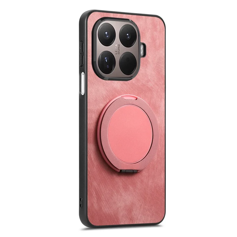 Stress Relief Retro Leather Back Cover for Xiaomi 15T Pro Phone Case with Rotating Kickstand - Pink