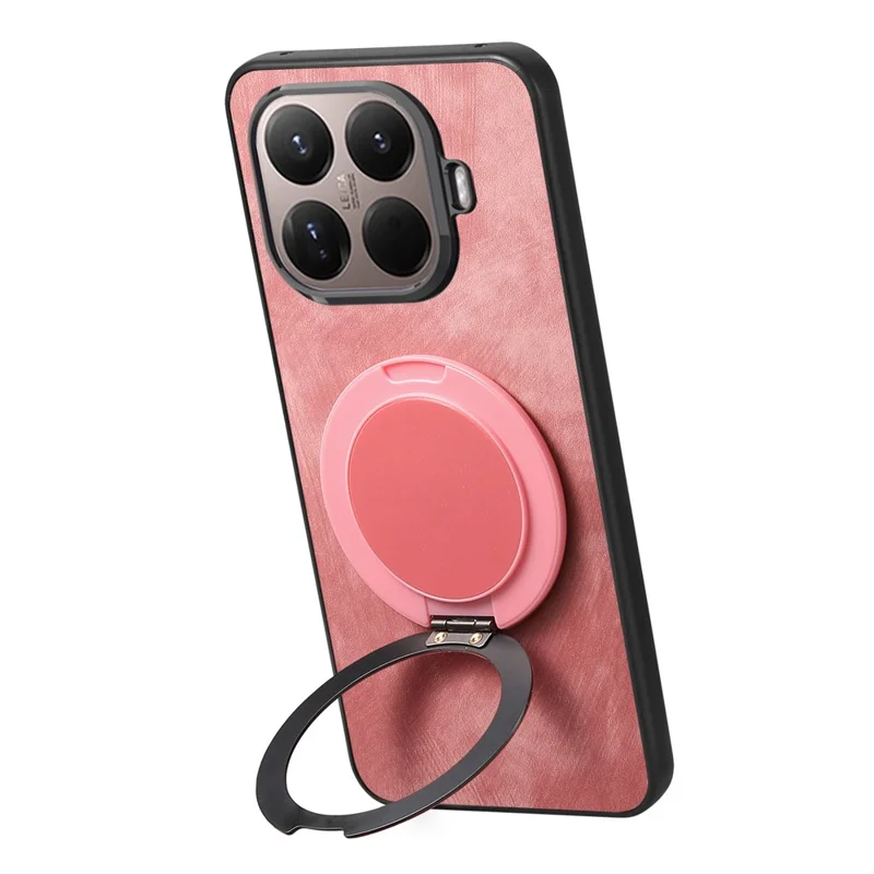 Stress Relief Retro Leather Back Cover for Xiaomi 15T Pro Phone Case with Rotating Kickstand - Pink