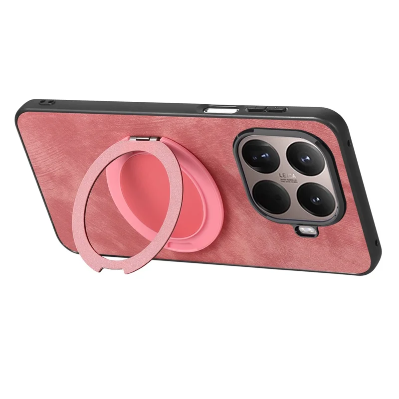 Stress Relief Retro Leather Back Cover for Xiaomi 15T Pro Phone Case with Rotating Kickstand - Pink