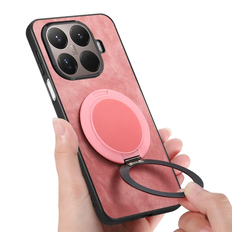 Stress Relief Retro Leather Back Cover for Xiaomi 15T Pro Phone Case with Rotating Kickstand - Pink