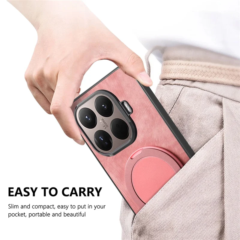 Stress Relief Retro Leather Back Cover for Xiaomi 15T Pro Phone Case with Rotating Kickstand - Pink