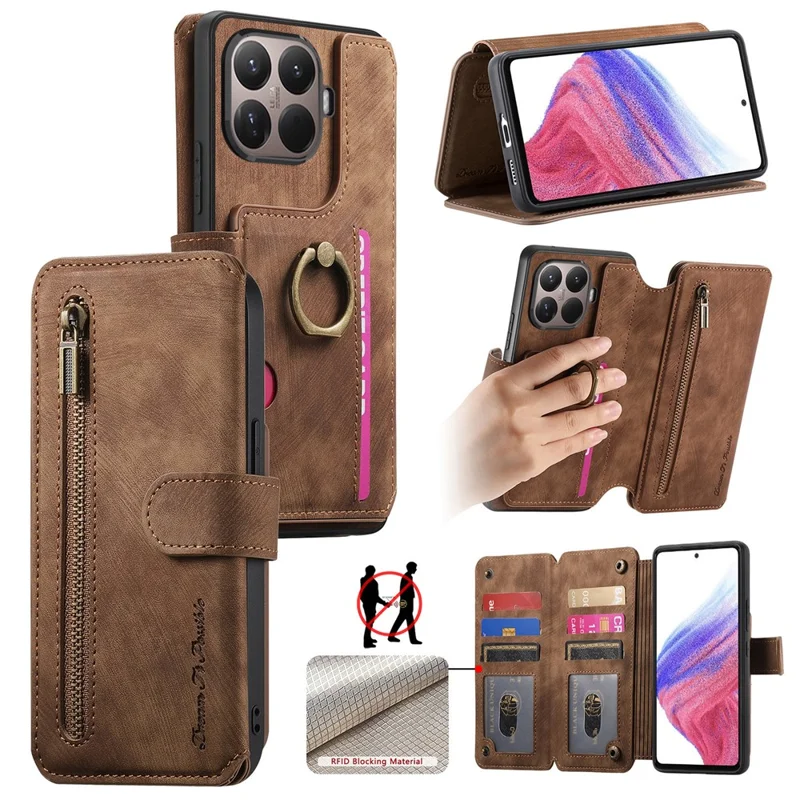 Leather Case For Xiaomi 15T Pro Phone Back Cover with RFID Blocking Zipper Wallet Kickstand - Brown