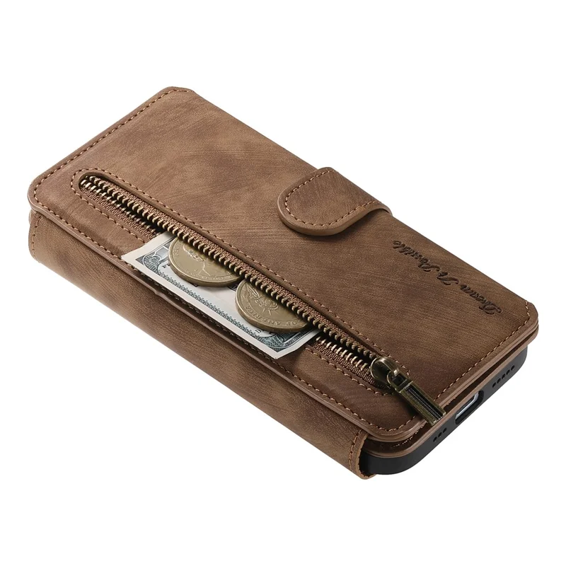 Leather Case For Xiaomi 15T Pro Phone Back Cover with RFID Blocking Zipper Wallet Kickstand - Brown