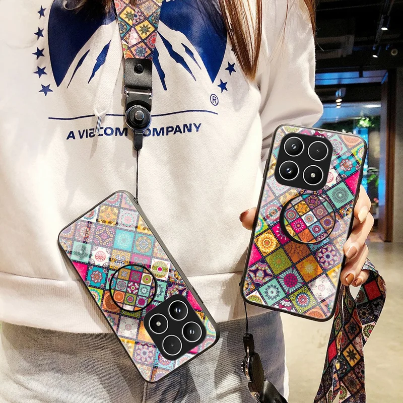 Per Xiaomi 17 Case Supporto Kickstand Motivo Etnico Custodia Telefono in Vetro Temperato con Cinturino - Motivo a Colori