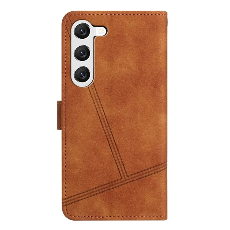 Retro PU Кожаная Шитьянская Линейка Декор Оболочка Телефона Для Samsung Galaxy S23, Кошелек с Кожей, Ощущение Телефона. - Коричневый