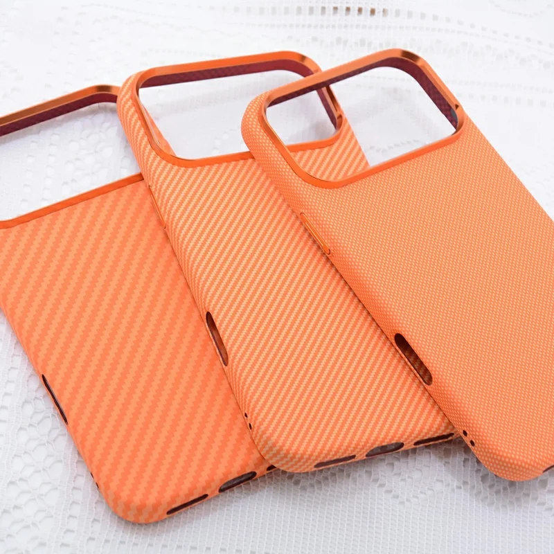 For iPhone 17 Pro Max Case Carbon Fiber Texture Water Transfer PC Phone Cover Compatible with MagSafe - Orange Coarse Lines