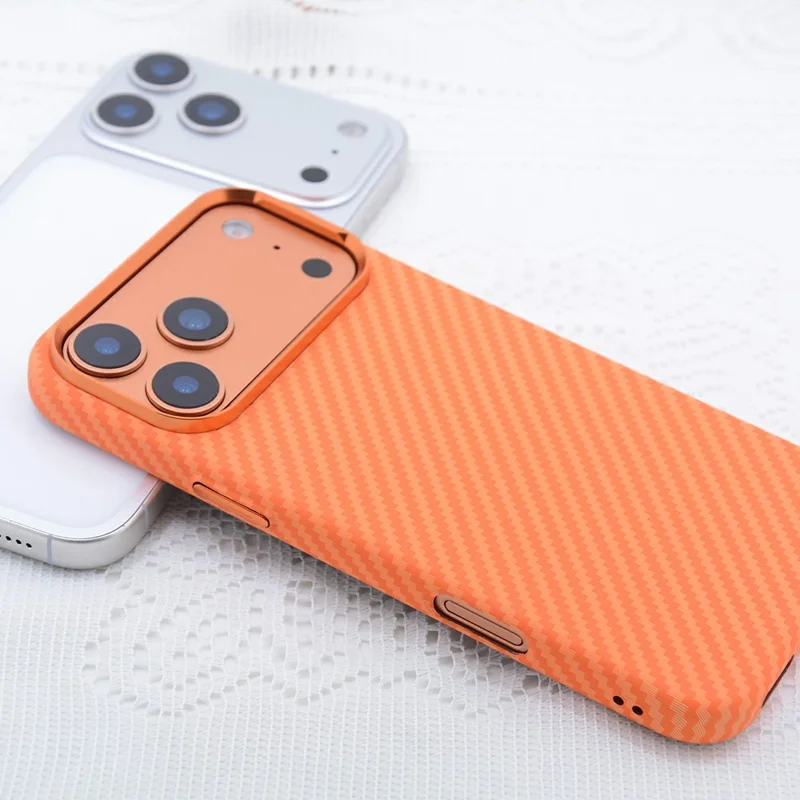 For iPhone 17 Pro Case Carbon Fiber Texture Water Transfer PC Phone Cover Compatible with MagSafe - Orange Coarse Lines
