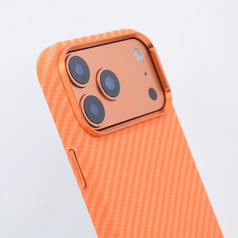 For iPhone 17 Pro Case Carbon Fiber Texture Water Transfer PC Phone Cover Compatible with MagSafe - Orange Coarse Lines