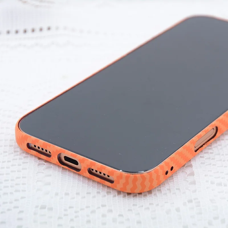 For iPhone 17 Pro Case Carbon Fiber Texture Water Transfer PC Phone Cover Compatible with MagSafe - Orange Coarse Lines