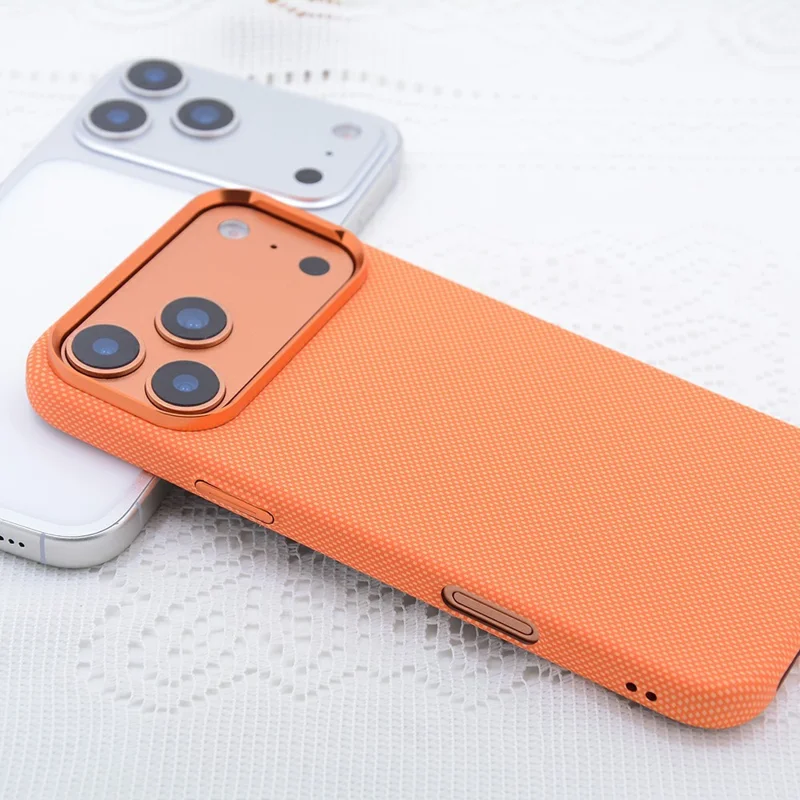 For iPhone 17 Pro Case Carbon Fiber Texture Water Transfer PC Phone Cover Compatible with MagSafe - Orange Dots