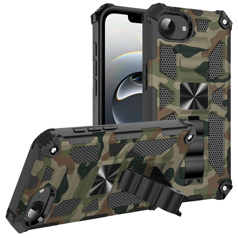 For iPhone 16e Case Kickstand PC+TPU Camouflage Military Grade Phone Cover - Army Green