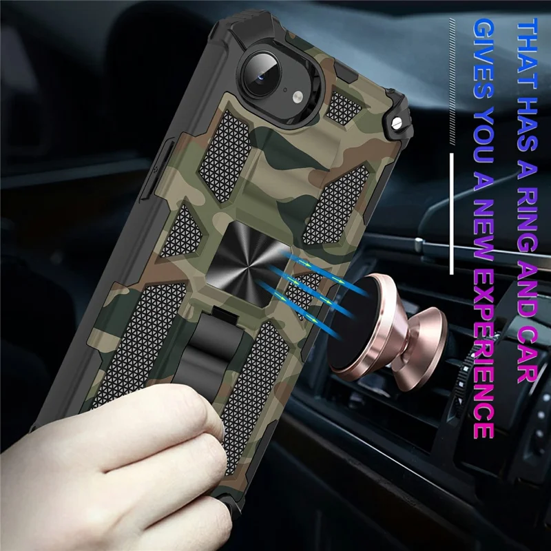For iPhone 16e Case Kickstand PC+TPU Camouflage Military Grade Phone Cover - Army Green