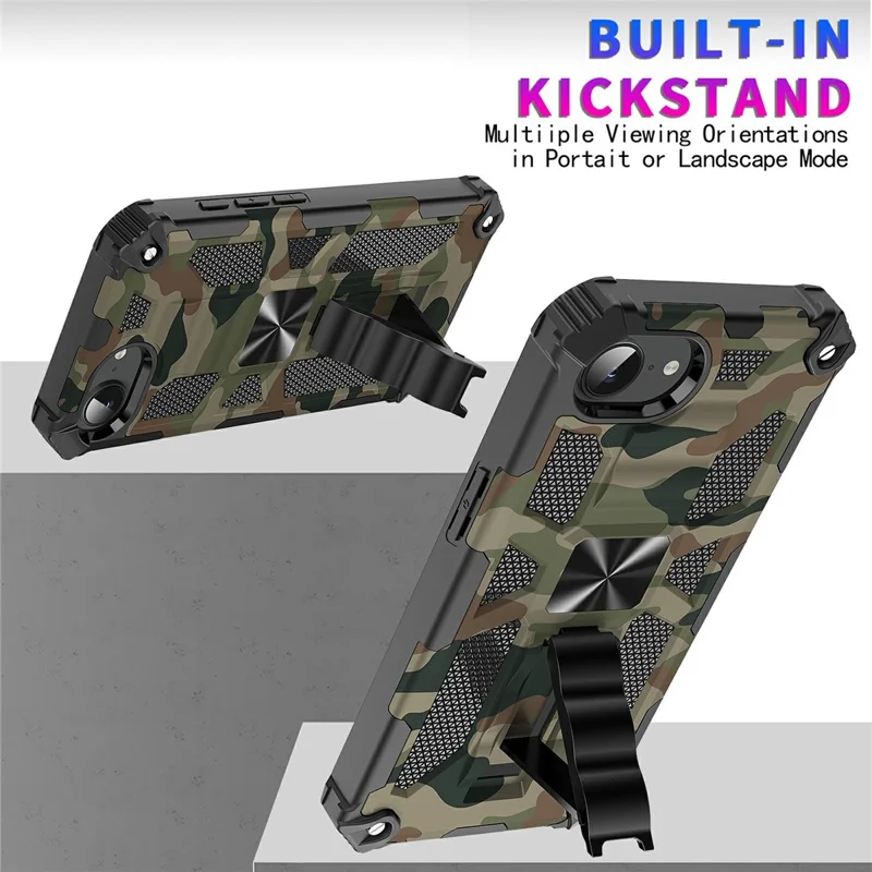 For iPhone 16e Case Kickstand PC+TPU Camouflage Military Grade Phone Cover - Army Green