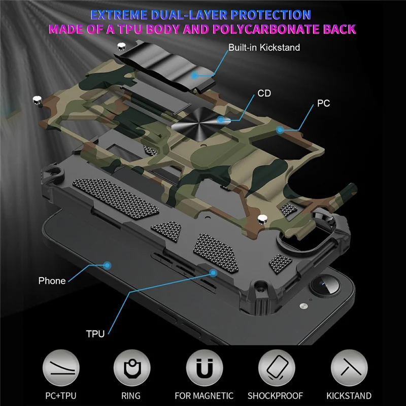 For iPhone 16e Case Kickstand PC+TPU Camouflage Military Grade Phone Cover - Army Green