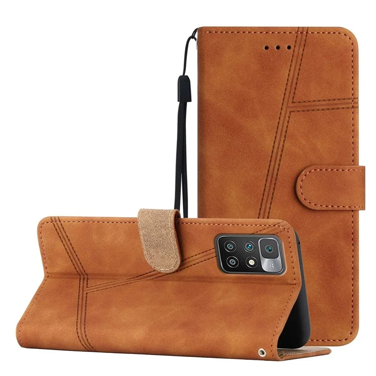 Per Xiaomi Redmi Note 11 4G (MediaTek) / 10 4G (2021) / 10 2022 4G / 10 Prime Linee Impresse Custodia Protettiva Stile Retrò Pelle PU Touch Skin Supporto Portafoglio Cover - Marrone