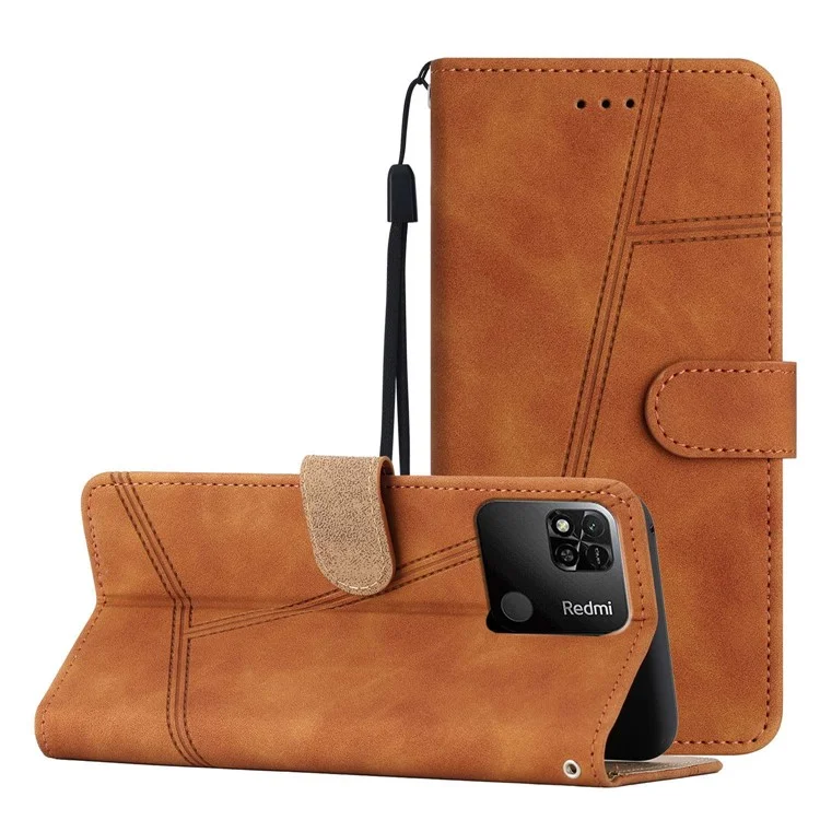 Para Xiaomi Redmi 10a Caja de Celda Billetera Para la Piel Touch de Piel Retro PU Línea de Costura de Cuero Tapa Del Teléfono - Marrón