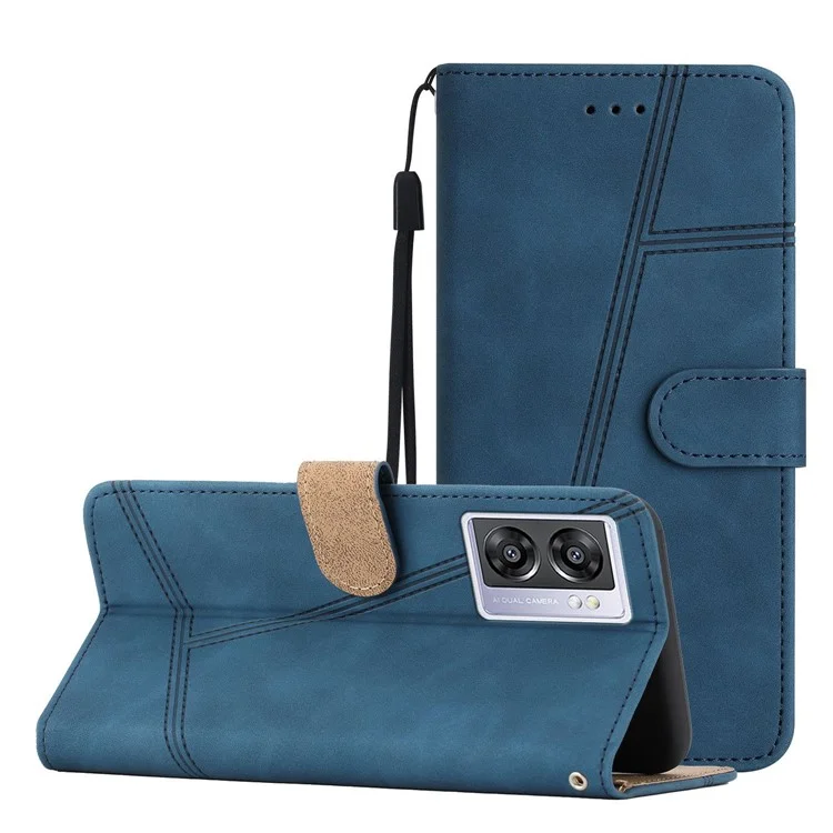 For Oppo A57 (2022) 5G / A57 4G / A57s 4G / A77 5G Skin-touch Lines Imprinted Drop-proof Case Vintage PU Leather Protective Cover with Stand Wallet - Blue