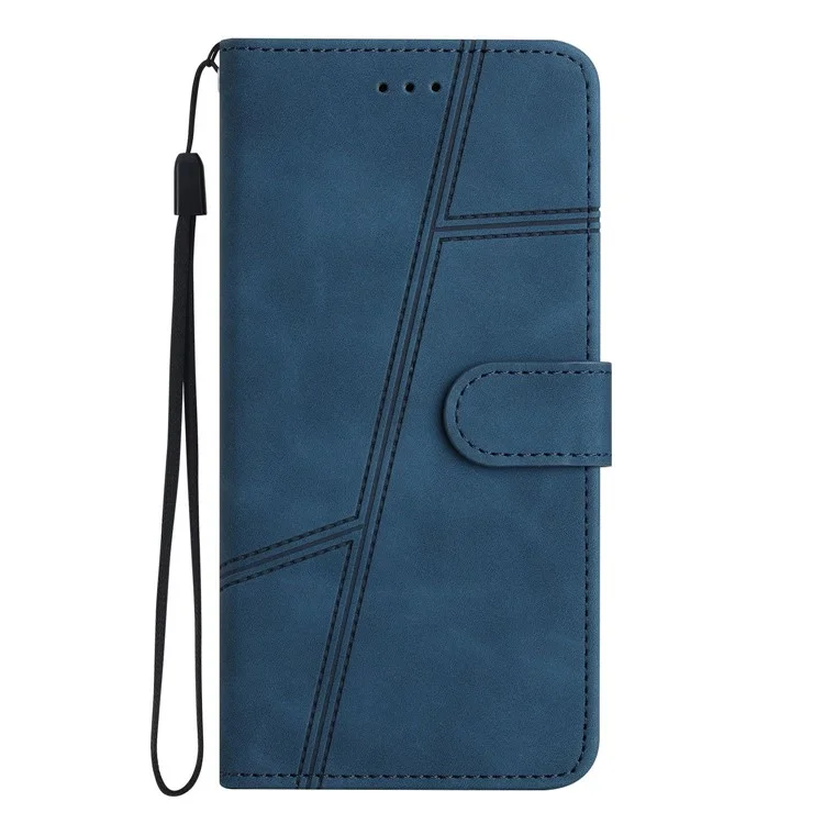 For Oppo A57 (2022) 5G / A57 4G / A57s 4G / A77 5G Skin-touch Lines Imprinted Drop-proof Case Vintage PU Leather Protective Cover with Stand Wallet - Blue