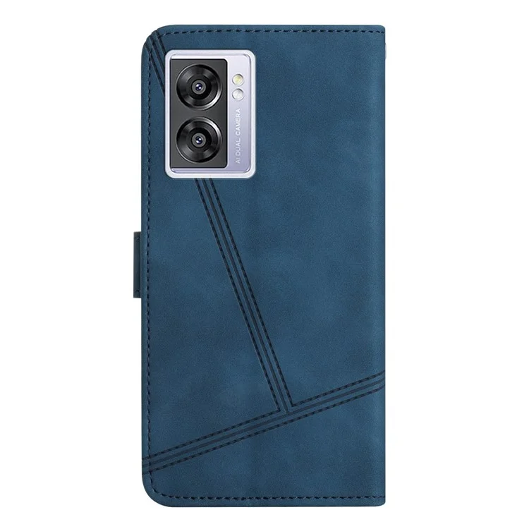 For Oppo A57 (2022) 5G / A57 4G / A57s 4G / A77 5G Skin-touch Lines Imprinted Drop-proof Case Vintage PU Leather Protective Cover with Stand Wallet - Blue
