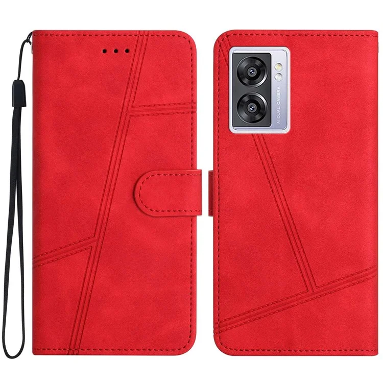 Für Oppo A57 (2022) 5G / A57 4g / A77 5G Skin-touch-linien Geprägte Drop-proof-hülle Vintage PU Leder Schutzabdeckung Mit Stand Wallet - Rot