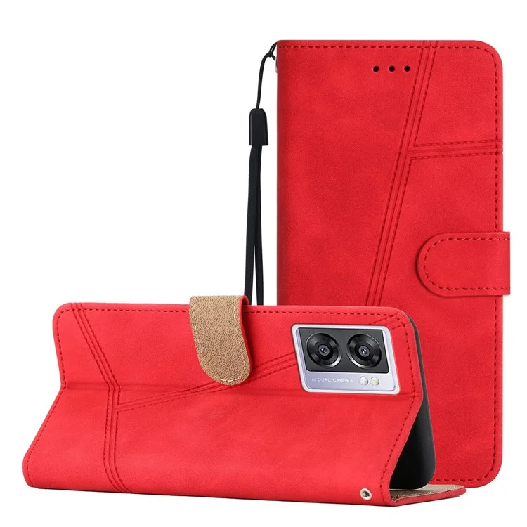 Für Oppo A57 (2022) 5G / A57 4g / A77 5G Skin-touch-linien Geprägte Drop-proof-hülle Vintage PU Leder Schutzabdeckung Mit Stand Wallet - Rot