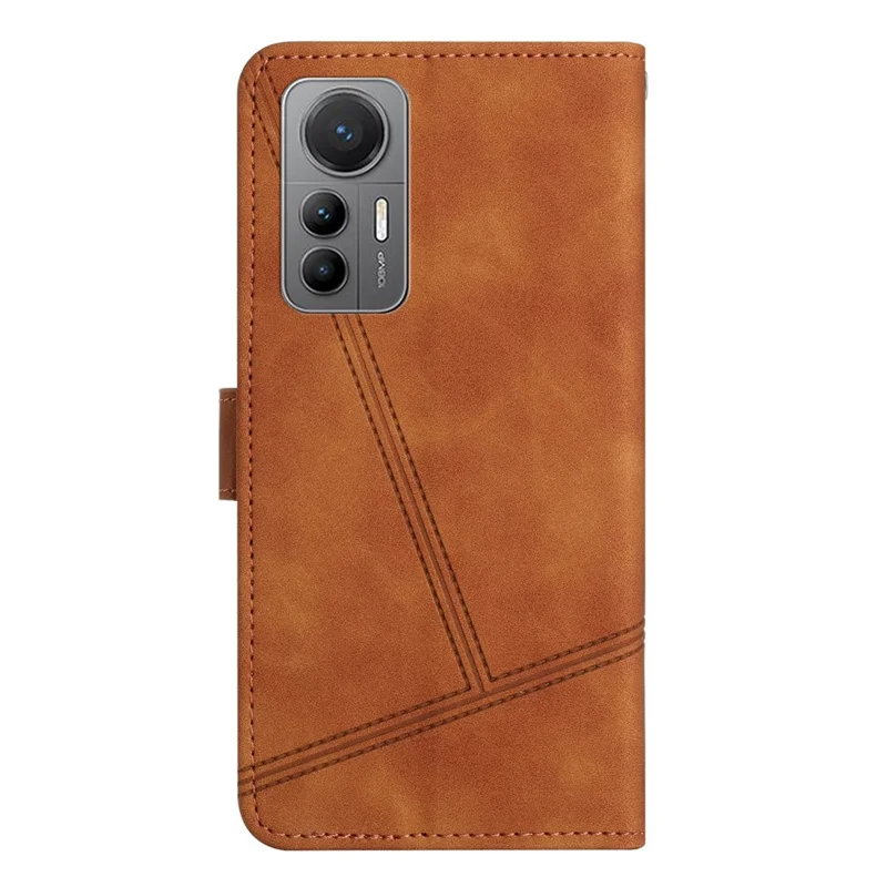For Xiaomi 12 Lite 5G Vintage Lines Imprinted Phone Shockproof Case Skin-touch PU Leather Stand Wallet Protective Cover - Brown